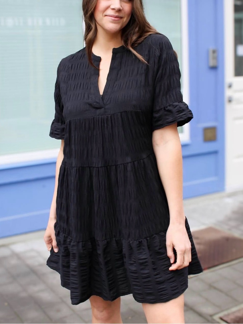 ESQUALO Dagny Black Textured Button-Front Dress Size 12